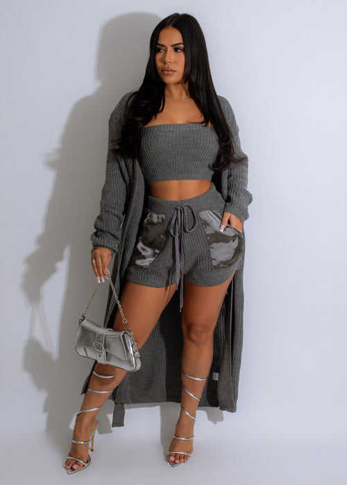 You Are Autumn Knitted Short Set Grey - Front View with Crop Top and High-Waisted Shorts, perfect for a cozy fall look