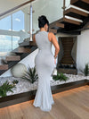 Side view of the Perfect Day Ribbed Maxi Dress Grey, showcasing the flowy silhouette