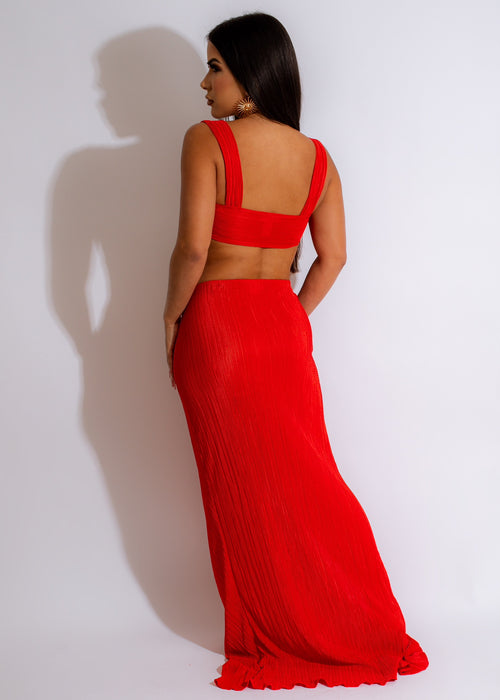 Stylish and chic red skirt set with matching top, perfect for any occasion