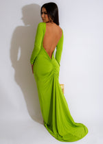 Euphoric Girl Ruched Maxi Dress Green, side view, showing ruched details and flattering silhouette