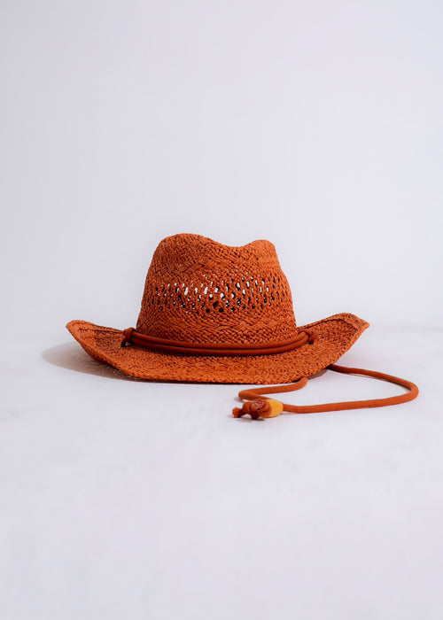 Western-style brown hat with leather band and decorative conchos