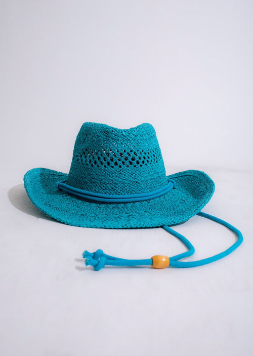 Western Cutie Cowboy Hat Blue with brown leather band and feather detail on top