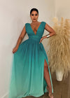 Beautiful green maxi dress with flowing skirt and v-neckline