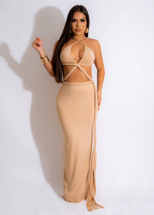 Highway To Heaven Maxi Dress Nude - Front view of flowing, elegant nude dress with intricate lace detailing and adjustable spaghetti straps