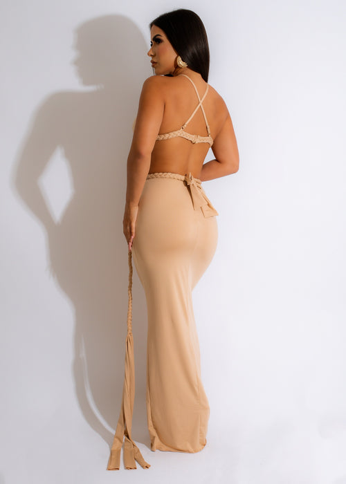 Highway To Heaven Maxi Dress Nude - Back view of stunning nude maxi dress featuring a low back, lace-up detail, and flowing skirt