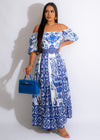 Stunning blue floral print maxi dress with flowing skirt and sweetheart neckline perfect for summer events and special occasions