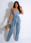 Take Me On Denim Jumpsuit in Classic Blue Wash with Button-Up Front and Belted Waist for a Chic and Stylish Look