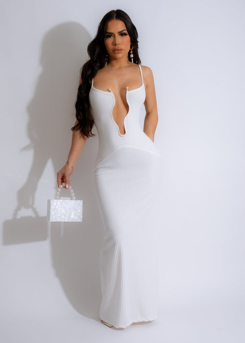 Prestigious Tour Ribbed Maxi Dress White, front view, with cinched waist and flowing skirt