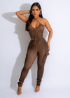 Two-piece ribbed pant set in brown, featuring a cozy and stylish design