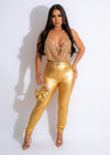 Make A Change Metallic Pant Gold styled with white blouse and leather jacket