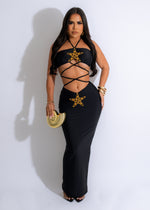 Two-piece black skirt set featuring stylish star vibes pearls design