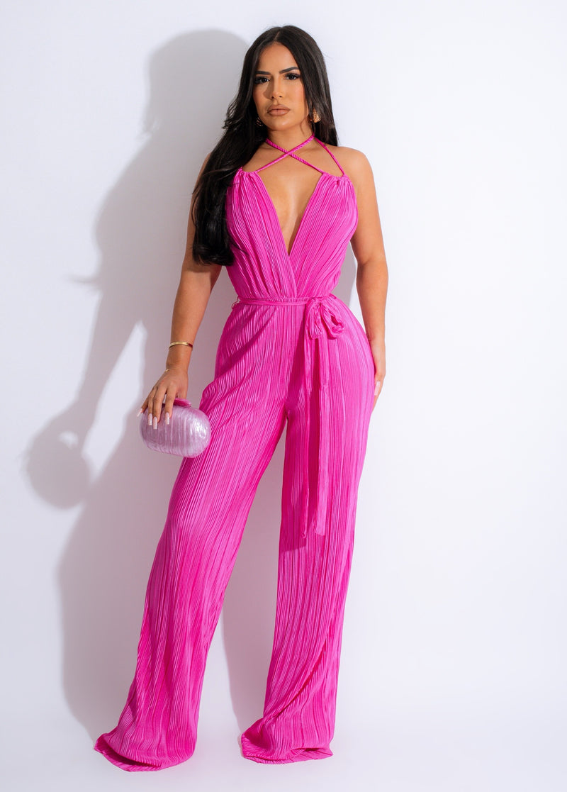 Beautiful pink jumpsuit with ruffled sleeves and wide-leg pants