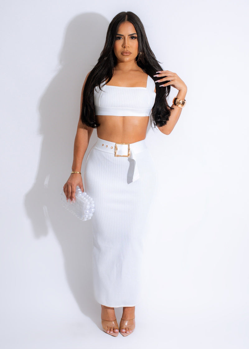 Close-up image of a white bandage skirt with matching crop top set from All Your Love brand, perfect for a chic and stylish look for a night out or special occasion