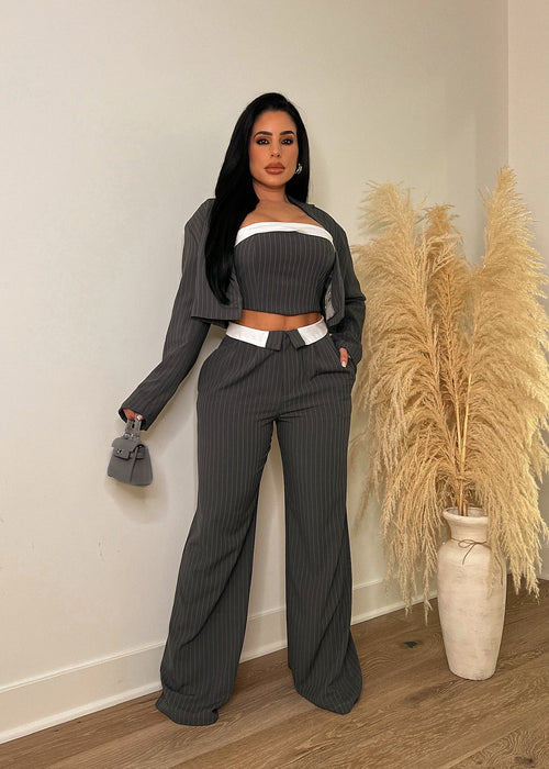 Bossy Attitude Pant Set Grey, a chic and sleek ensemble for confident women, featuring a tailored blazer and matching trousers in a sophisticated shade of grey