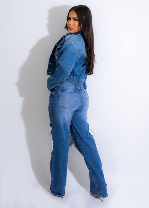 Stylish and trendy women's denim jacket with a distressed finish
