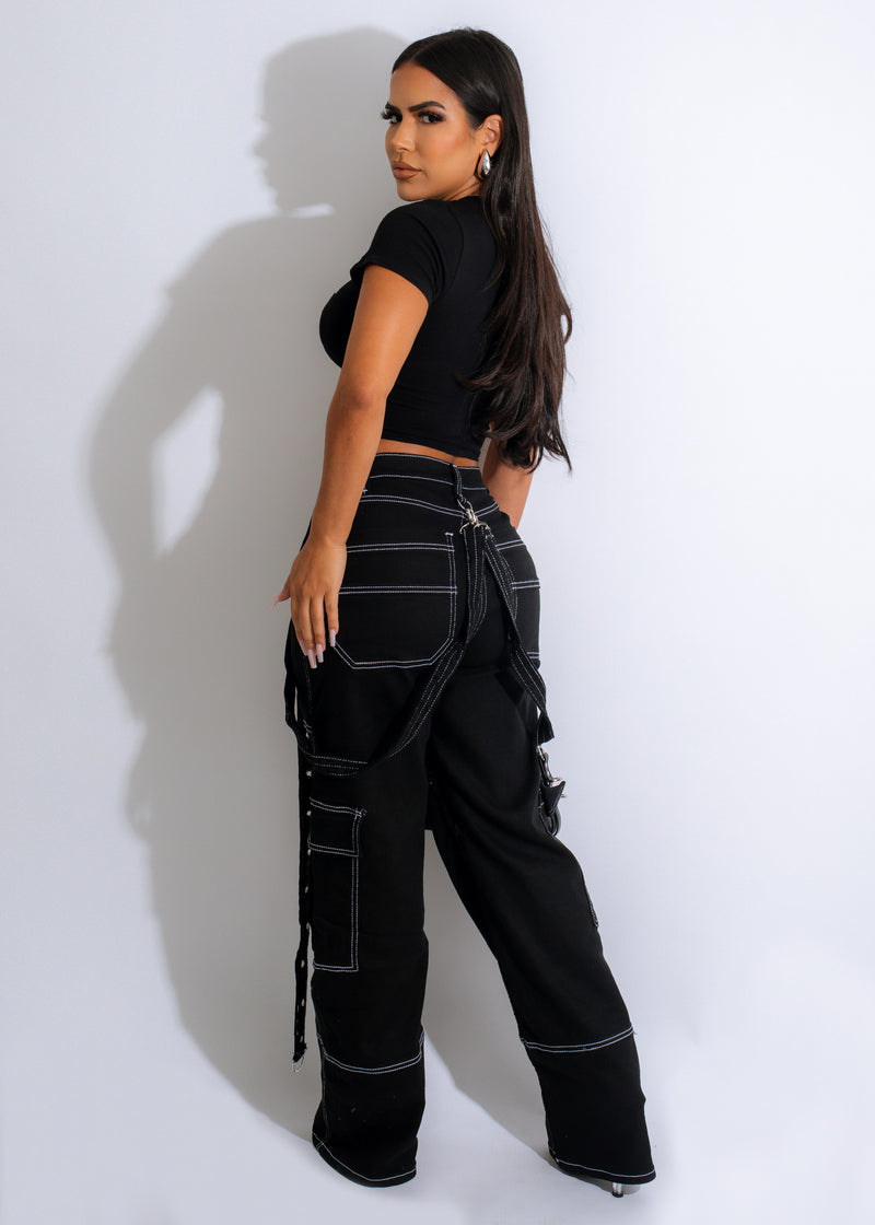 Black cargo pants with multiple pockets and adjustable waist for versatility