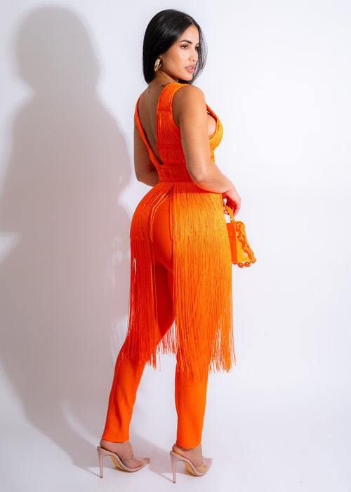 Stylish and trendy Exclusive Bandage Fringe Pant Set Orange front view