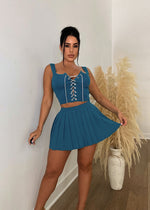 Sweet Temptation Knitted Skirt Set Blue featuring a high-waisted, A-line skirt with matching crop top and intricate knit details Perfect for a flirty and feminine look for any occasion 