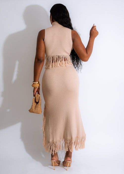  Two-piece set featuring Lift Me Up Sweater Fringe Skirt in Nude, perfect for a chic and cozy outfit option