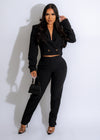 Close-up image of Bossy Mood Pant Black, featuring high-waisted design and side pockets for a chic and comfortable look