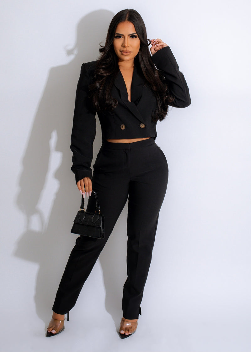 Close-up image of Bossy Mood Pant Black, featuring high-waisted design and side pockets for a chic and comfortable look