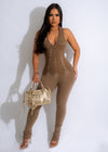 Front view of Stronger Ribbed Tie Dye Jumpsuit Brown with adjustable straps and V-neckline