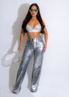 Forgetting You Metallic Jean in shimmering silver with distressed details and skinny fit