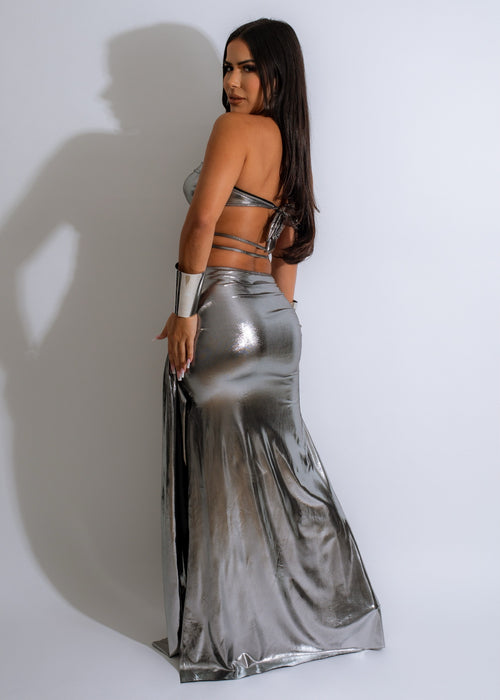 Elegant and stunning Scorpion Queen Maxi Dress Silver with silver metallic fabric
