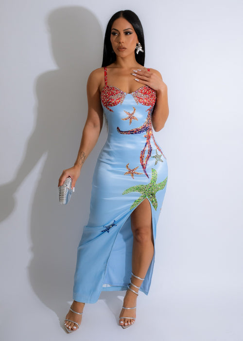 On My Reef Satin Rhinestones Maxi Dress Blue, a stunning floor-length gown with sparkling rhinestone embellishments and a luxurious satin fabric that drapes elegantly Perfect for formal events and special occasions