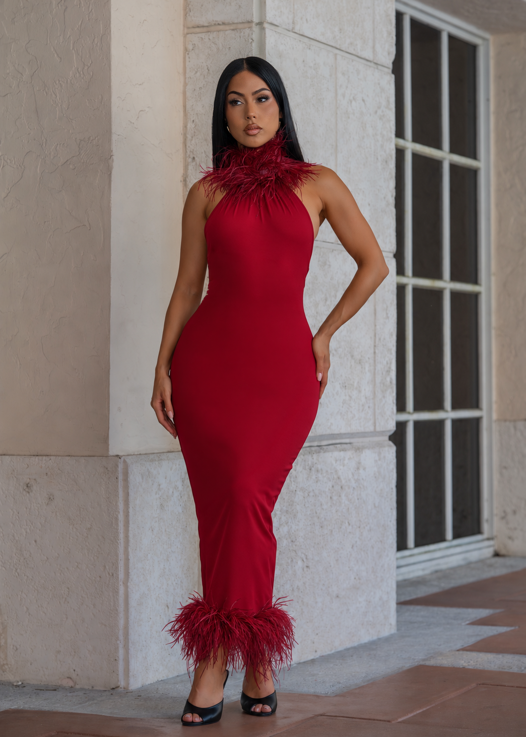 Private Desire Feather Trim Midi Dress Red