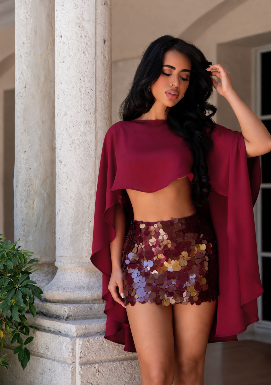 Champagne Promises Satin Sequin Skirt Set Red