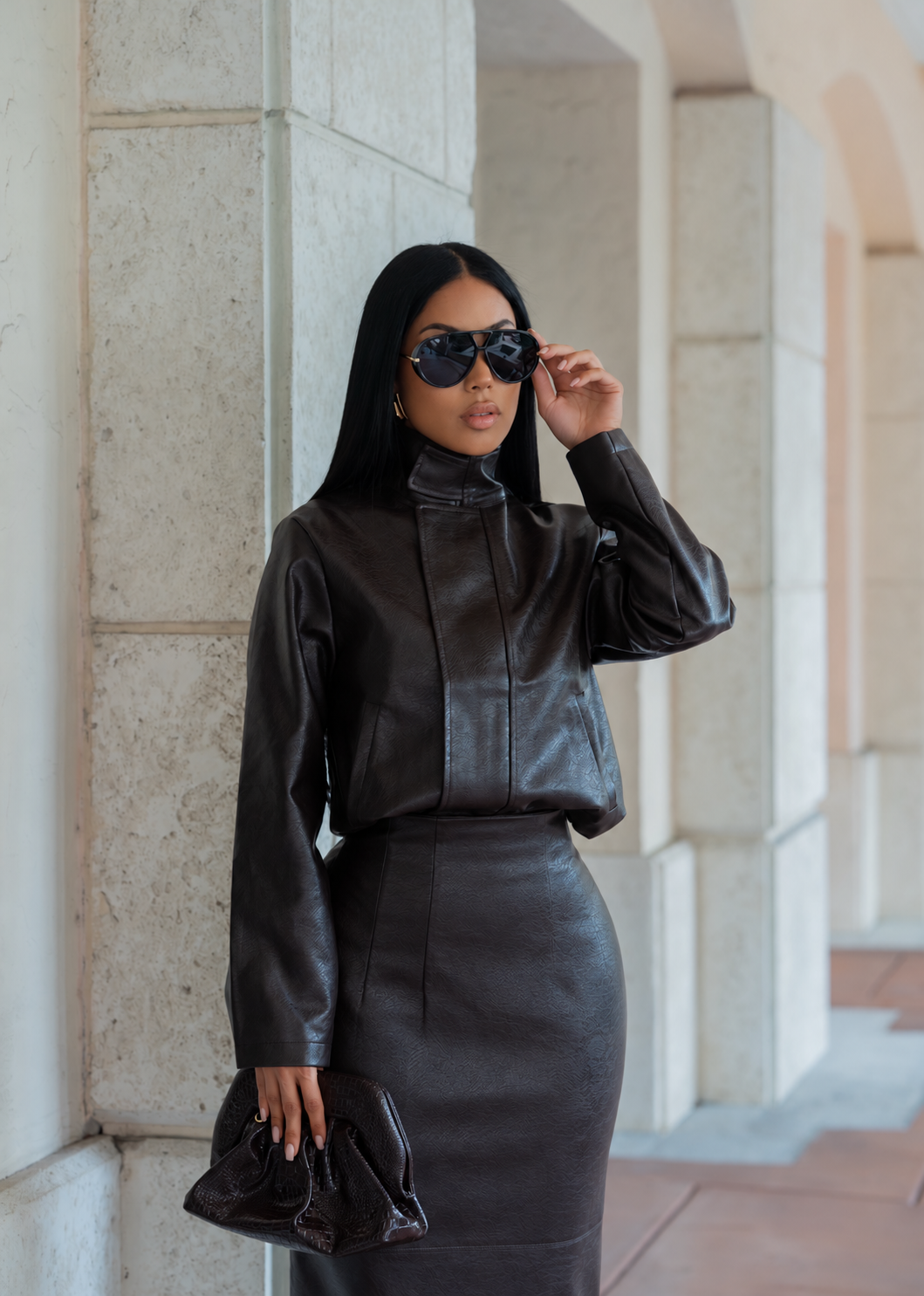 Modern Icon Funnel Neck Leather Skirt Set Brown