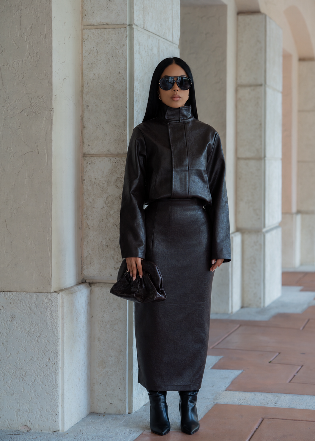 Modern Icon Funnel Neck Leather Skirt Set Brown