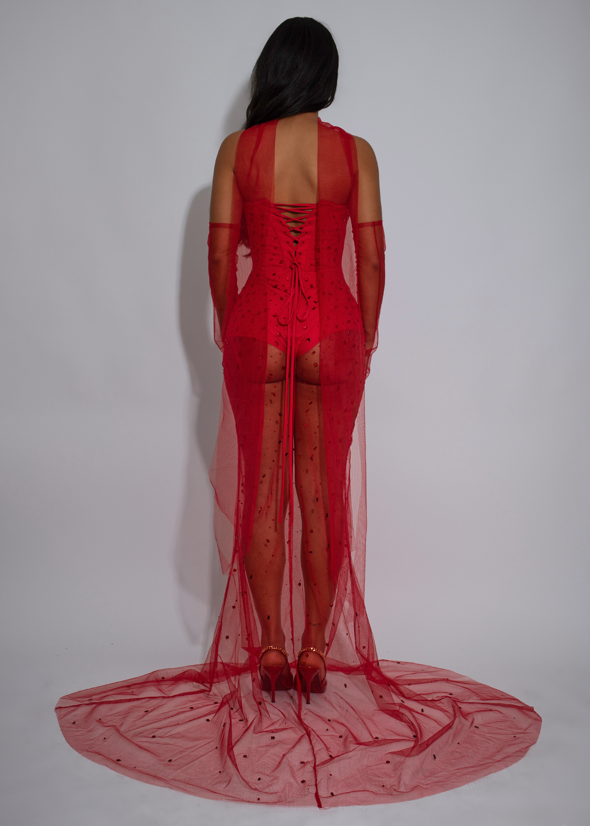 Crystal Veil Rhinestones Maxi Dress Red