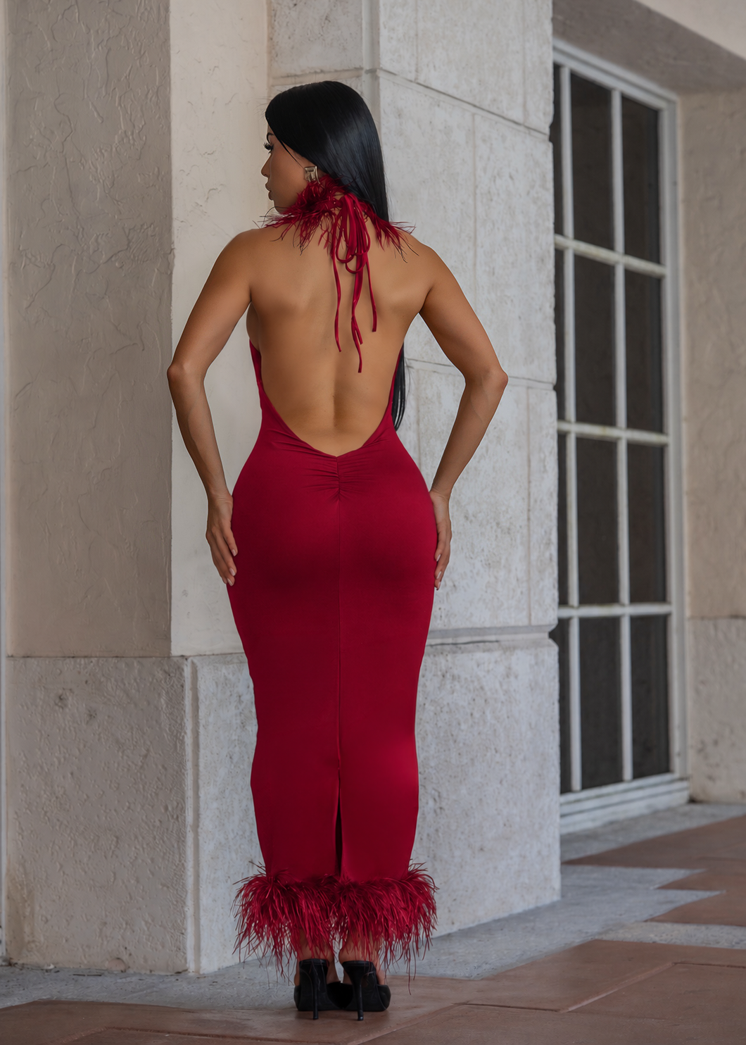 Private Desire Feather Trim Midi Dress Red