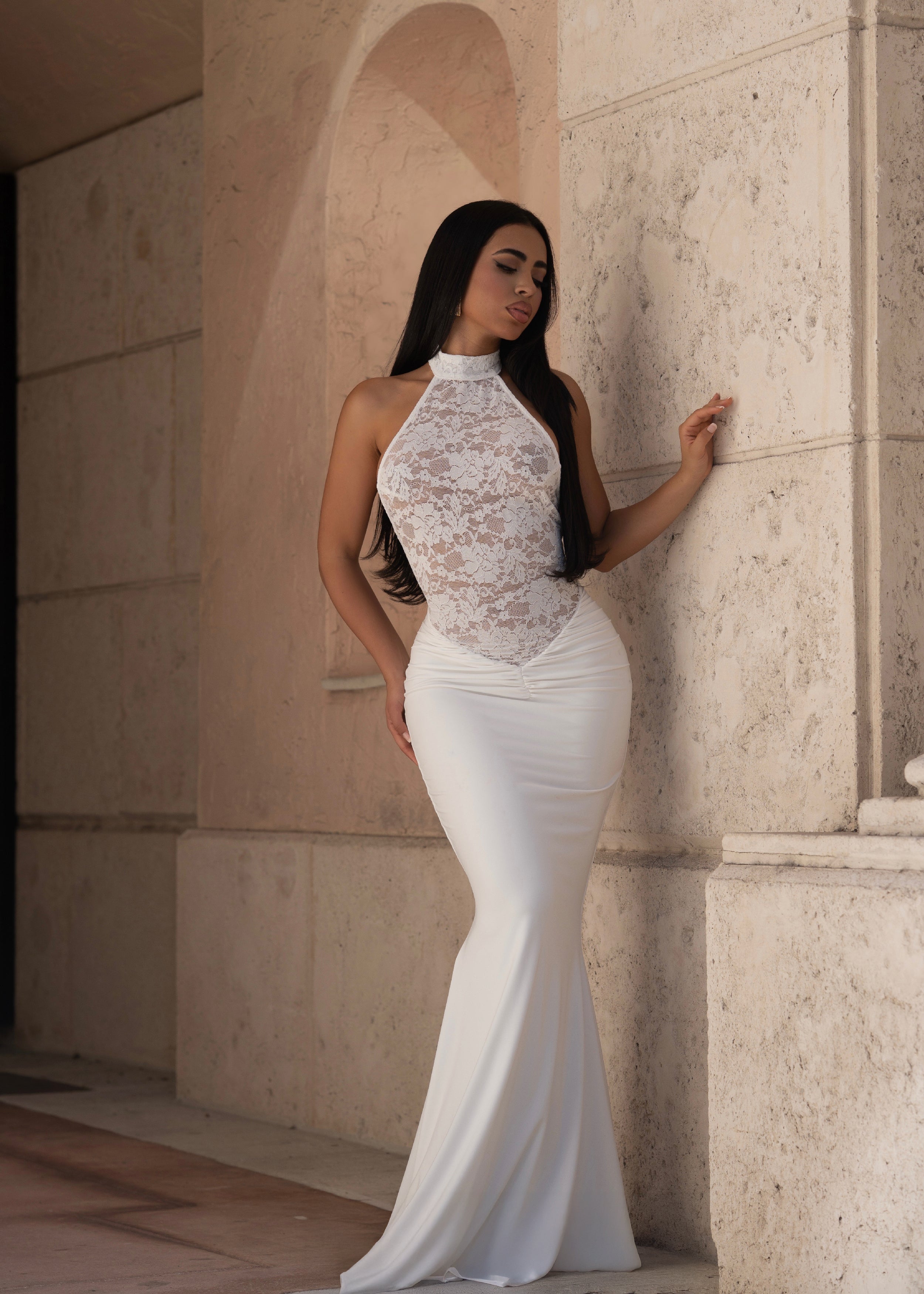 Ritual Allure Lace Ruched Maxi Dress White