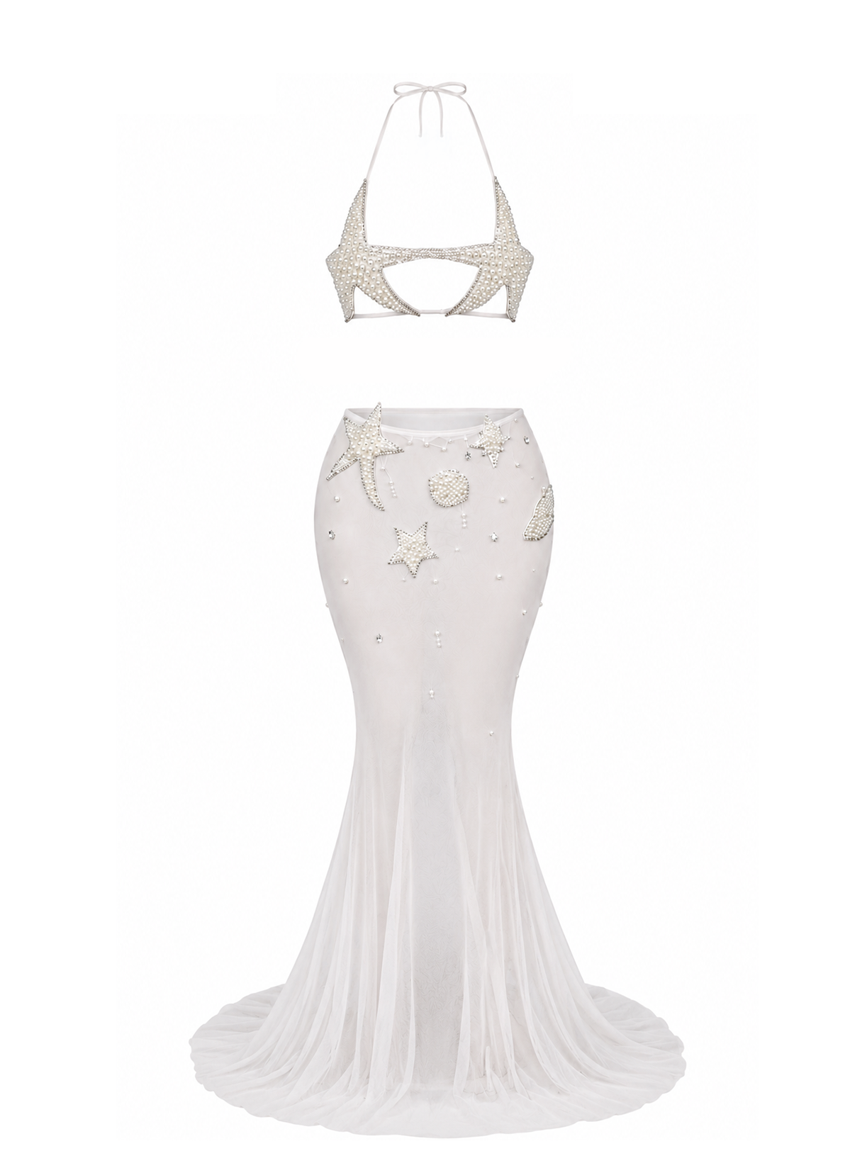 Siren’s Secret Mesh Pearls Skirt Set White
