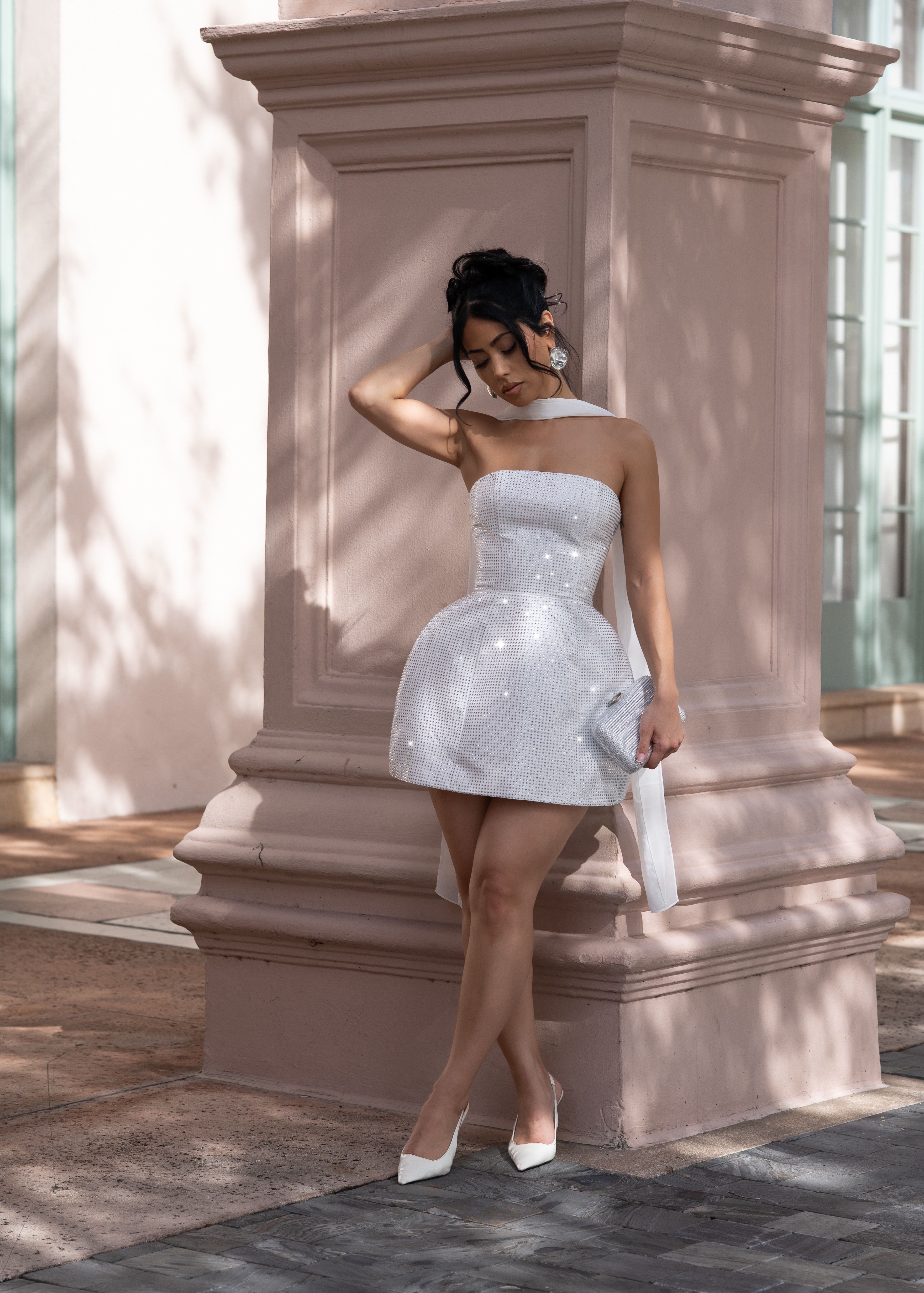 Lustre Affair Structured Rhinestone Mini Dress White