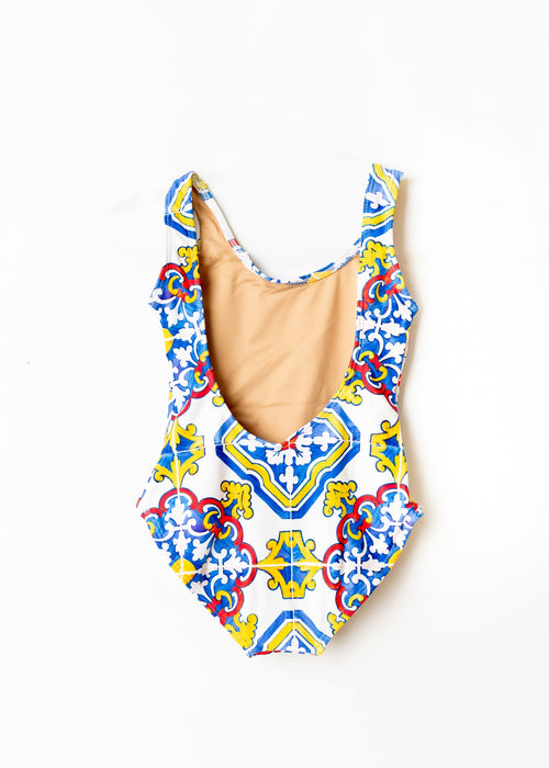  Adorable Spanish tile swimsuit for kids with vibrant colors and patterns