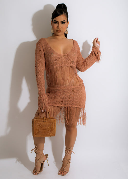 Beautiful brown crochet cover up with intricate detailing and fringe hem