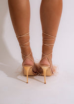 Beige pointed toe high heel with ankle strap and metallic detail