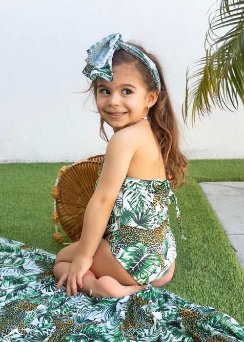 High-quality, durable Can't Be Domestic Kids Swimsuit featuring a comfortable fit, UV protection, and cute design of palm trees and flamingos for adventurous little ones