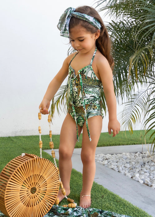 Can't Be Domestic Kids Swimsuit in vibrant pink and blue colors with fun tropical prints, perfect for girls who love to stand out at the beach or pool