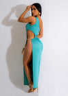 Chic and sophisticated blue evening gown with a high slit and open back