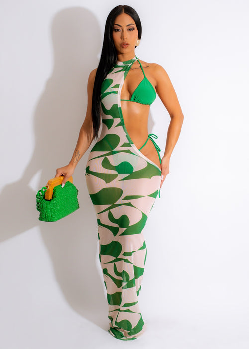 Two-piece Green Bikini Set with Sheer Mesh Bottom