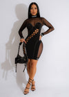 Dancing In The Dark Mesh Mini Dress in Black with Sheer Panels and Flared Sleeves, Perfect for a Night Out or Evening Event