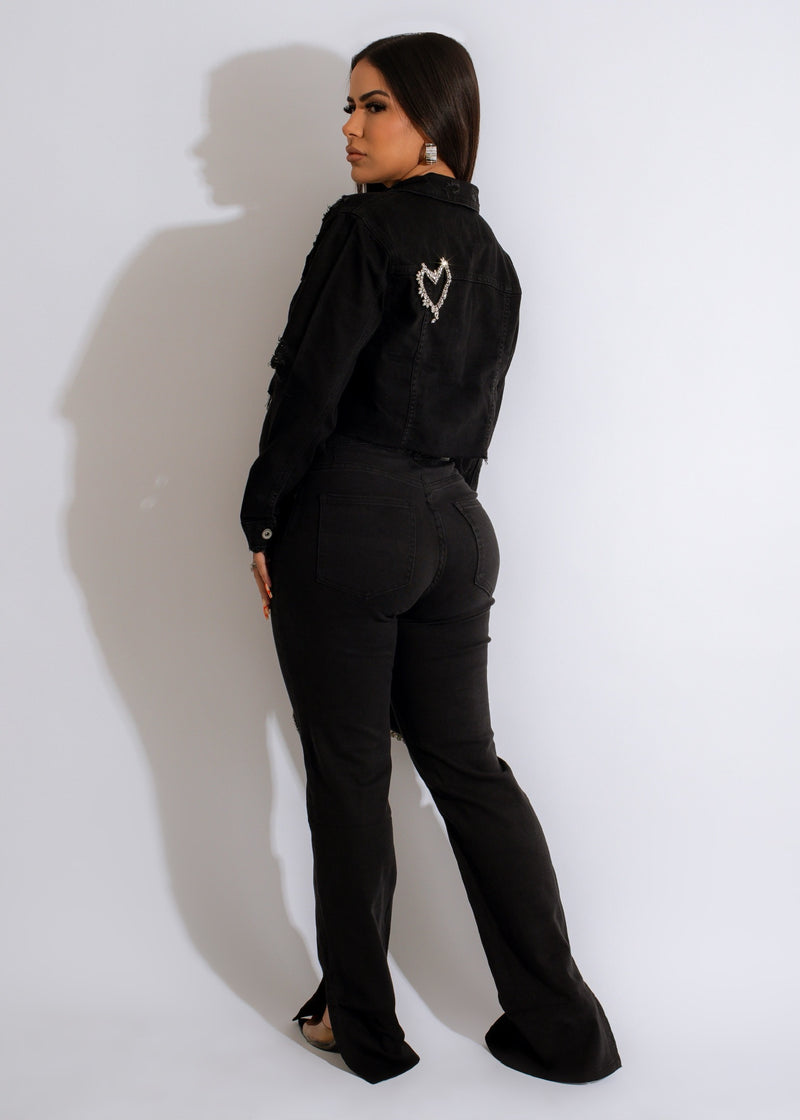  Side view of the Don't Break My Heart Rhinestone Jean, showcasing the trendy distressed design