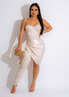 Satin nude jumpsuit with spaghetti straps and wide-leg silhouette