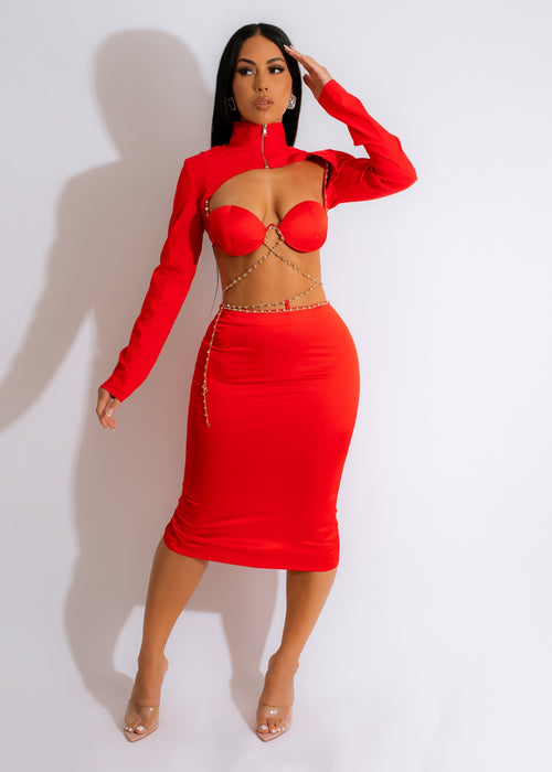 Red satin skirt set with rhinestone detailing inspired by 90's fashion