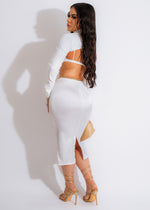 Icon 90's Satin Rhinestones Skirt Set White featuring a high-waisted skirt and a cropped top in a stylish white color